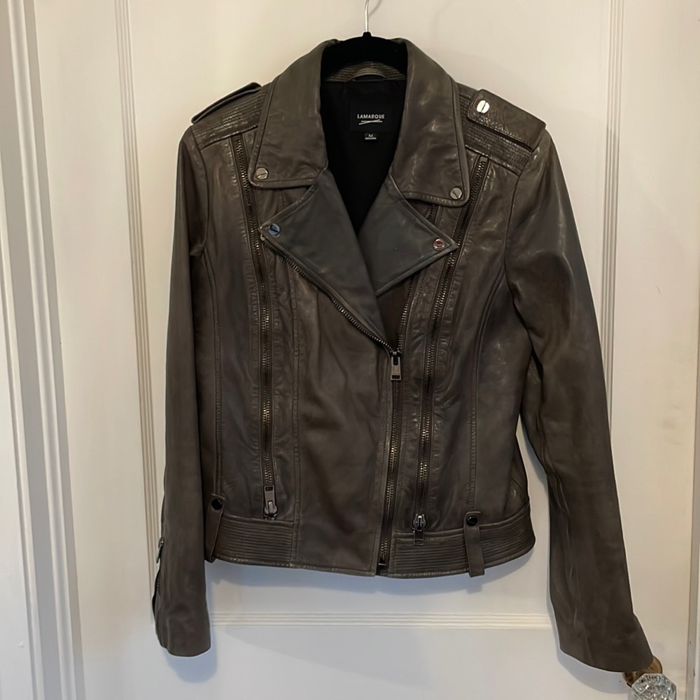 LAMARQUE classic leather biker jacket distressed slate grey/green Greg style SZM